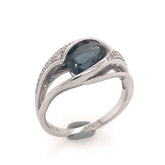 14 Karat White Gold Ring with London Blue Topaz and Diamonds- Size 6